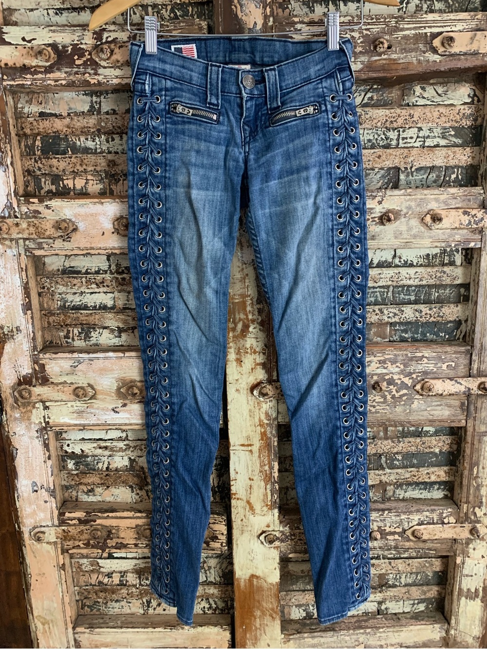 True Religion Lace Up Side Skinny Jeans Blue Denim Low Rise Zip Pockets Y2K, 23